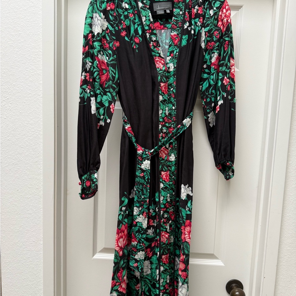 Anthropologie Black and Green Floral Long Sleeve Dress